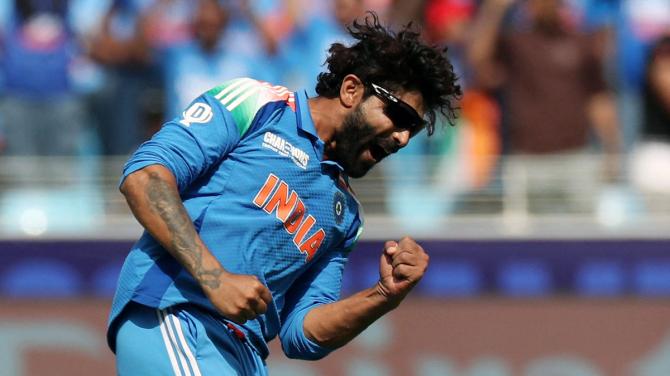 Ravindra Jadeja celebrates after taking the LBW wicket of New Zealand's Tom Latham