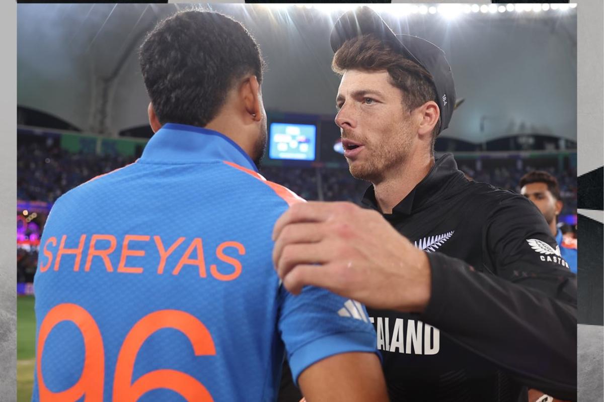 New Zealand skipper Mitch Santner congratulates Shreyas Iyer after India won the Champions Trophy title on March 9, 2025