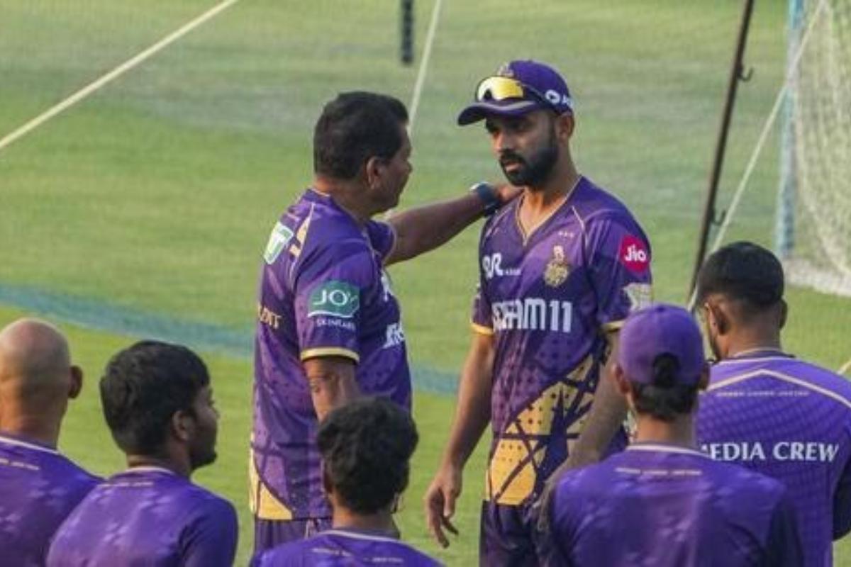 KKR coach Chandrakant Pandit with captain Ajinkya Rahane at a training session