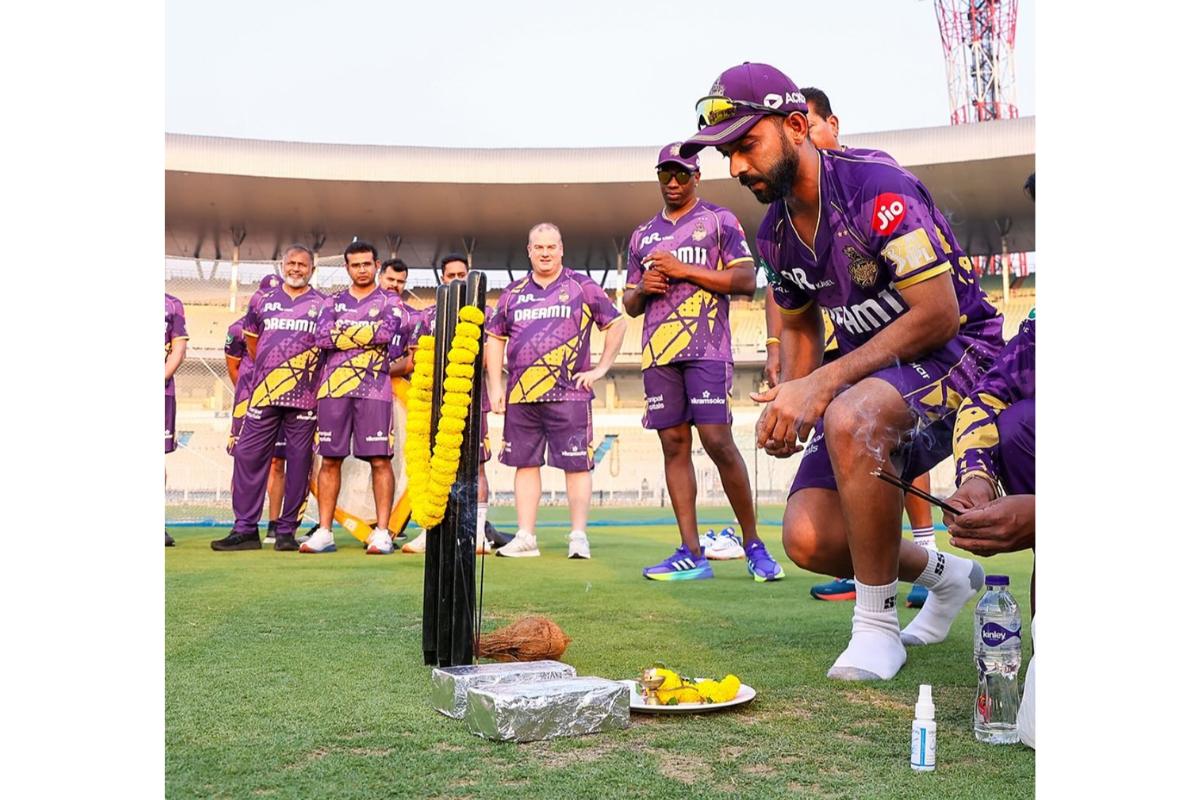 Kolkata Knight Riders captain Ajjnkya Rahane performs the traditional Wicket Pujo ahead of the team's first training session for the season, on Wednesday, March 12.