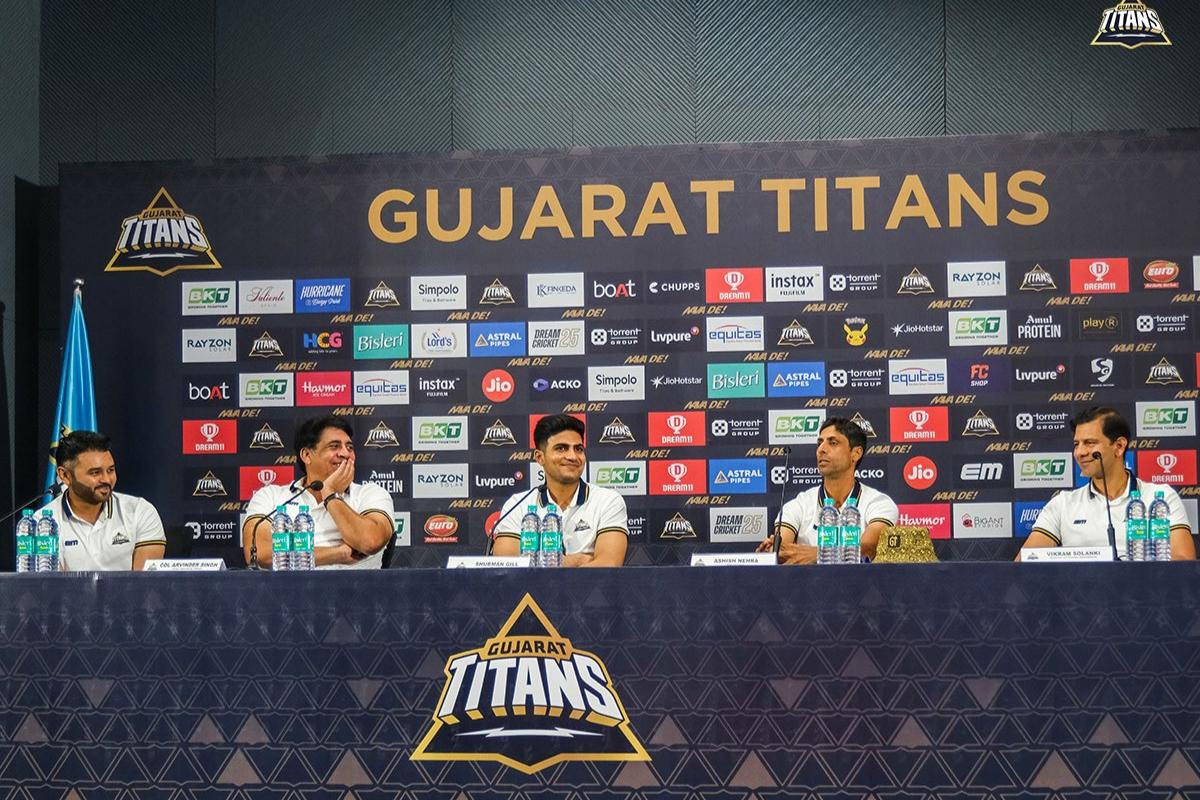 Assistant Coach Parthiv Patel, Chief Operating Officer Arvinder Singh, Captain Shubman Gill, Director of Cricket Vikram Solanki and Head Coach Ashish Nehra and at a pre-season press conference in Ahmedabad on Wednesday