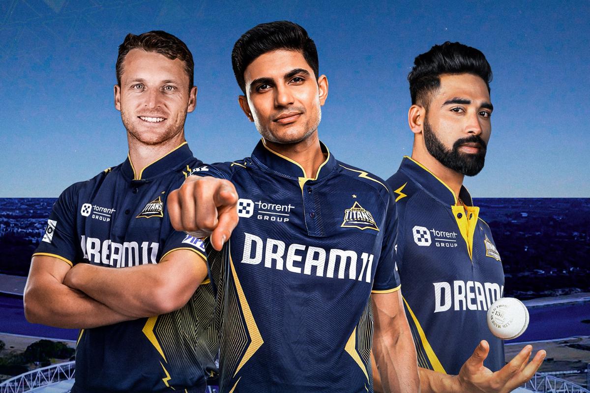 Gujarat Titans's Jos Buttler, Shubman Gill and Mohammed Siraj