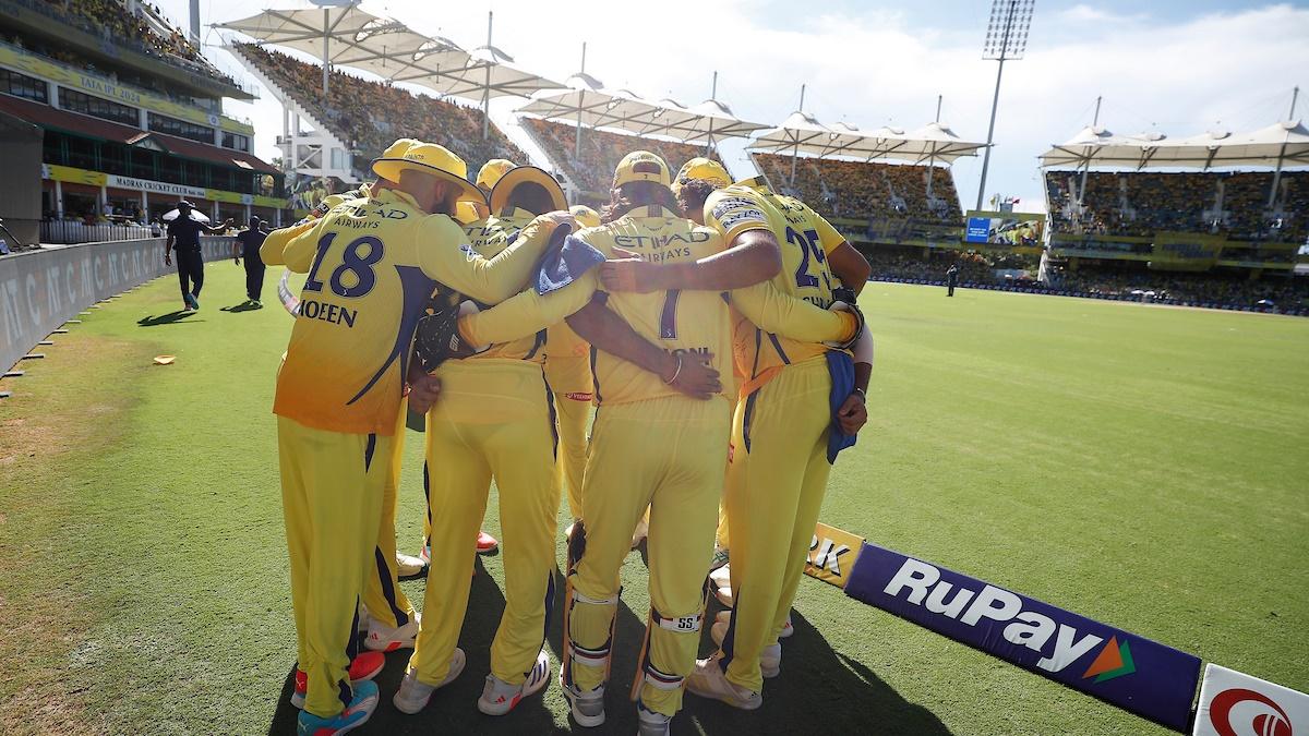 CSK players get into a huddle at the M A Chidambaram stadium in Chennai