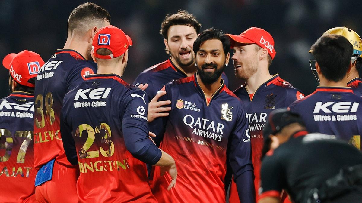 Krunal Pandya is congratulated by his Royal Challengers Bengaluru teammates after dismissing Knight Riders batter Venkatesh Iyer during Match 1 of the Indian Premier League Season 18 at the Eden Gardens, Kolkata, on Saturday.