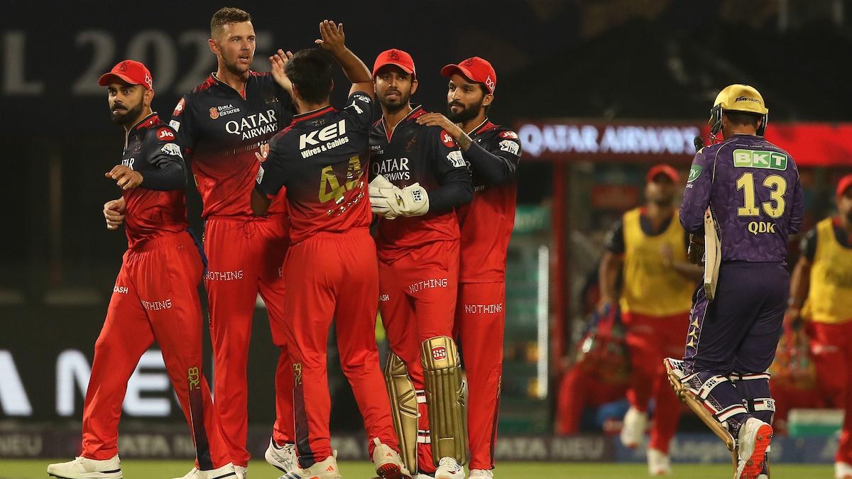 Royal Challengers Bengaluru players celebrate after pacer Josh Hazlewood dismisses Kolkata Knight Riders opener Quinton De Kock in the Indian Premier League 2025 opener at the Eden Gardens in Kolkata on Saturday.