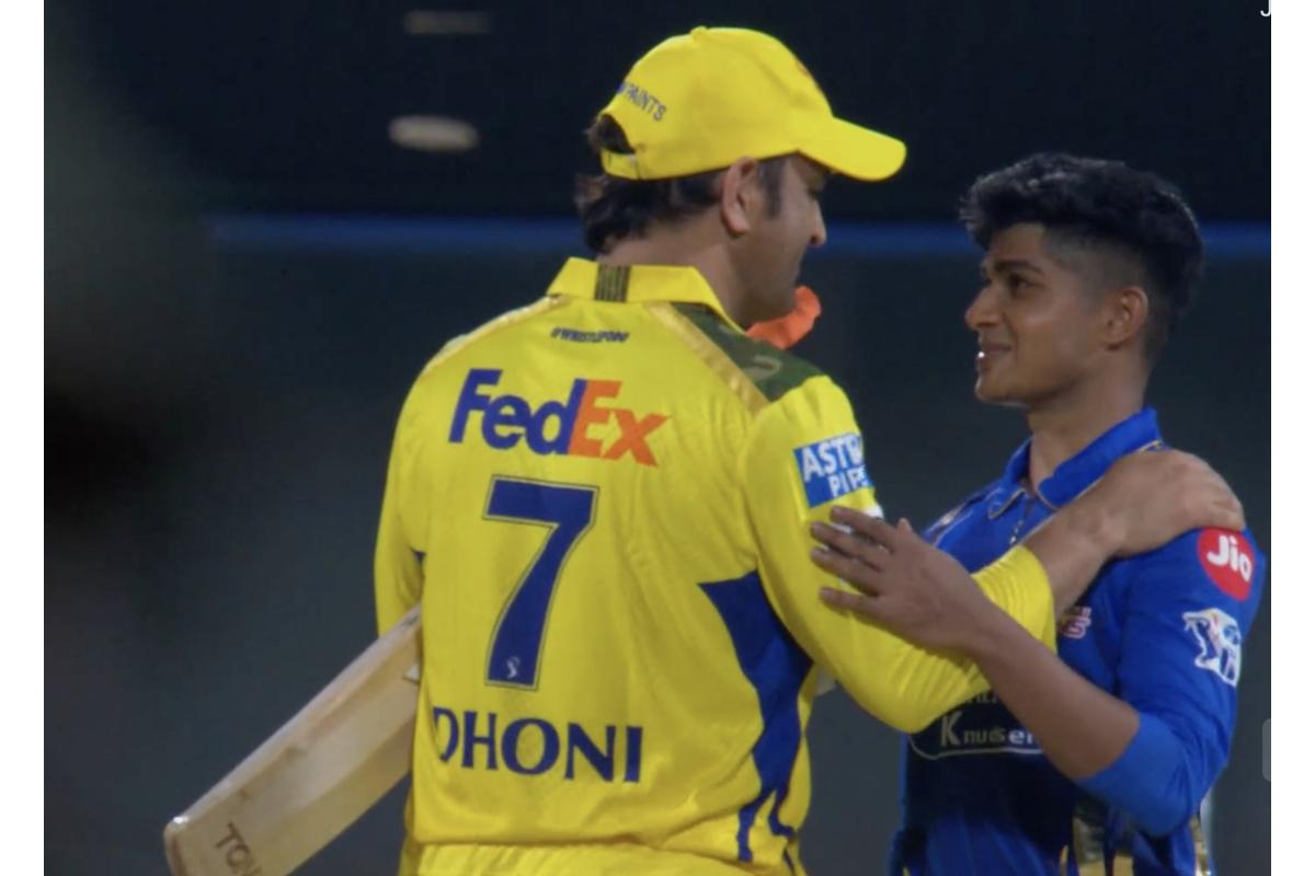 Mahendra Singh Dhoni was seen sharing a few words and patting Vignesh Puthru on the shoulder