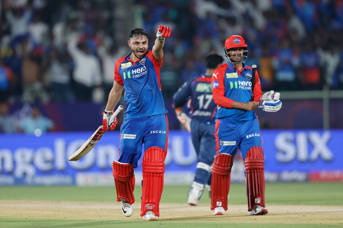 Ashutosh Sharma of Delhi Capitals celebrates the win over Lucknow Super Giants held at the Dr YS Rajasekhara Reddy ACA-VDCA Cricket Stadium, Visakhapatnam on Monday