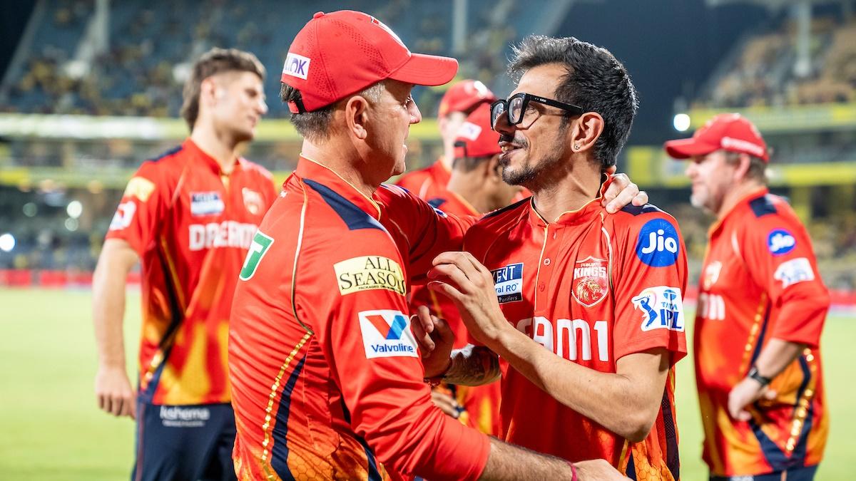 Punjab Kings head coach Ricky Ponting gives Yuzvendra Chahal a hug following his magnificent show against Chennai Super Kings in the IPL match in Chennai on Wednesday.