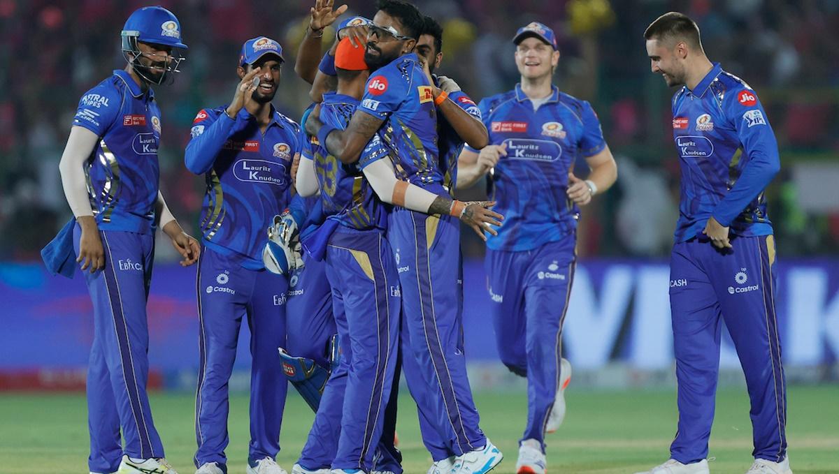 Mumbai Indians players celebrate after Jasprit Bumrah dismisses Shimron Hetmyer during the IPL match against Rajasthan Royals at the Sawai Mansingh Stadium, Jaipur, on Thursday.
