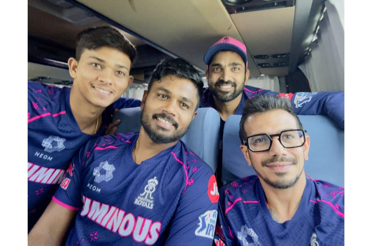 Rajasthan Royals' Fielding coach Dishant Yagnik with Sanju Samson, Yashasvi Jaiswal and Yuzvendra Chahal