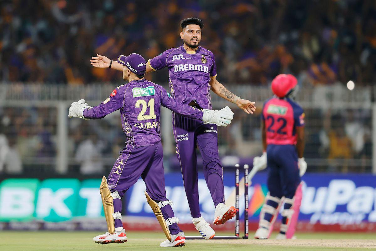 KKR's Vaibhav Arora celebrates after having RR's Jofra Archer run-out off the final ball of the innings