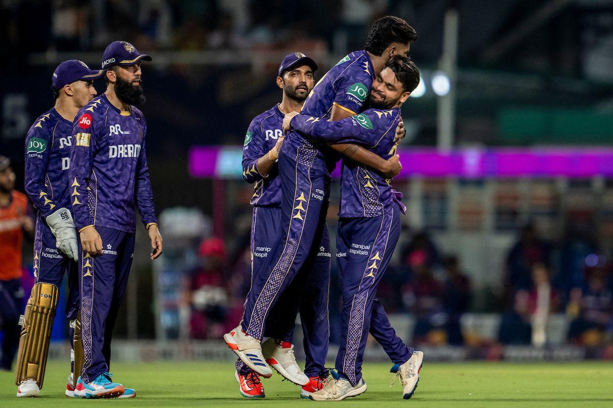 Rinku Singh celebrates with Harshit Rana after dismissing Riyan Parag