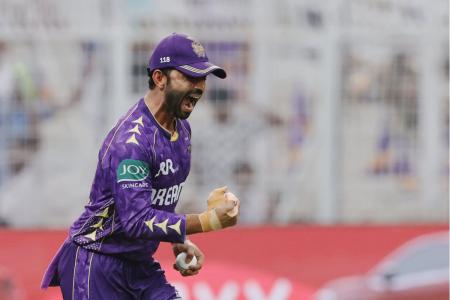 Ajinkya Rahane celebrates on taking a catch to dismiss Vaibhav Suryavshi for 4 in their match on Sunday