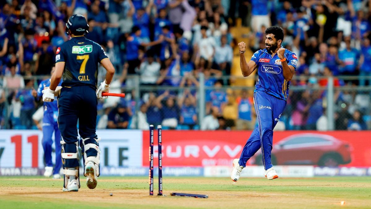 Jasprit Bumrah celebrates the wicket of Shubman Gill.