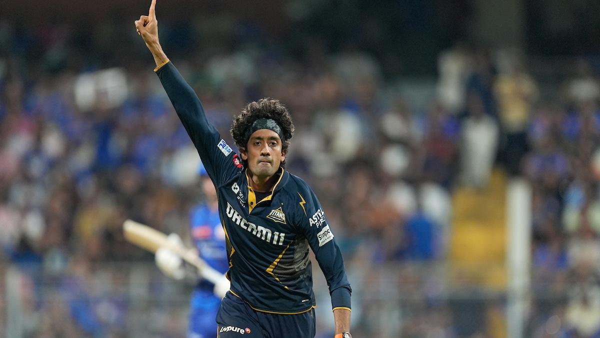 Sai Kishore exults after dismissing Suryakumar Yadav.