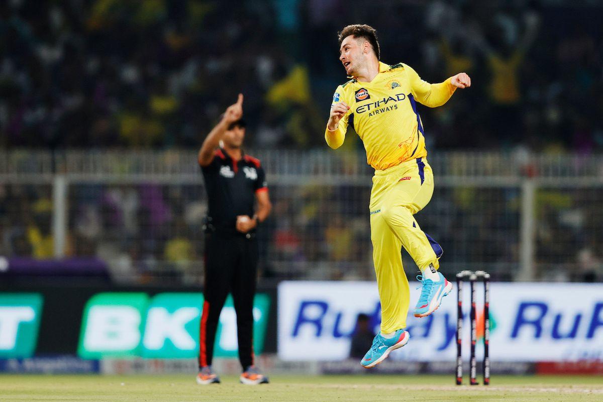 Noor Ahmad of Chennai Super Kings celebrating the wicket of Angkrish Raghuvansh