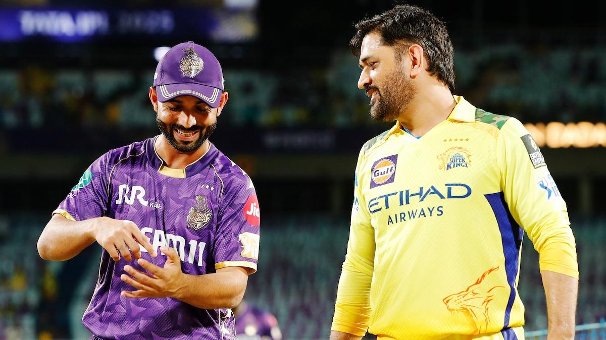 Kolkata Knight Riders skipper Ajinkya Rahane and Chennai Super Kings skipper Mahendra Singh Dhoni share a light moment after the IPL match at the Eden Gardens, in Kolkata, on Wednesday.
