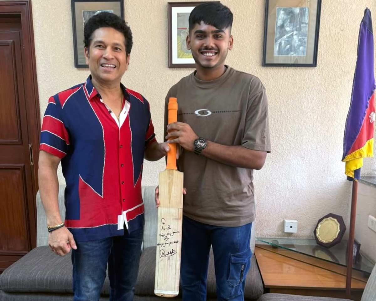 Ayush Mhatre with Sachin Tendulkar