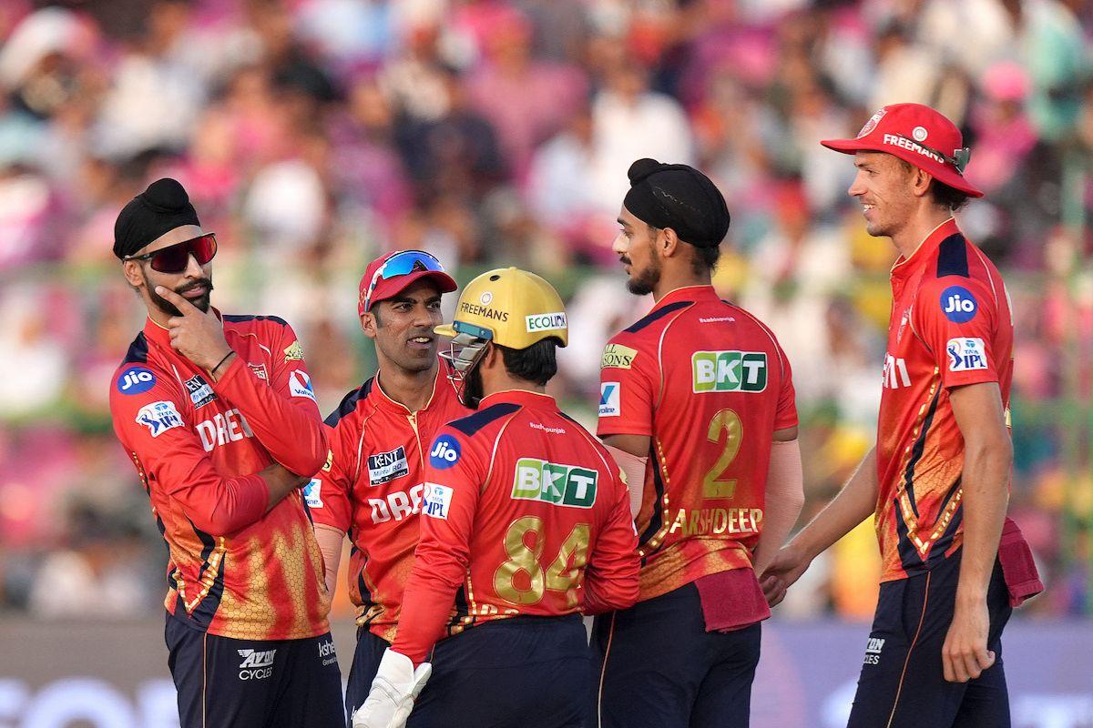 Harpreet Singh celebrates on dismissing Riyan Parag, bowled out for 13