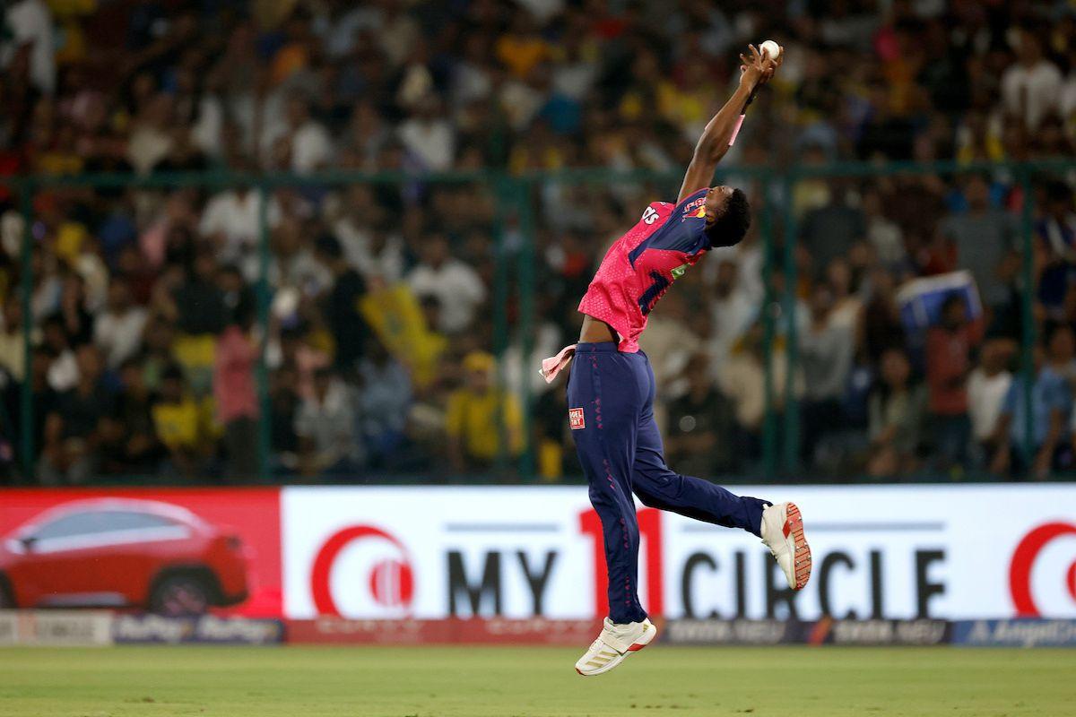 Kwena Maphaka of Rajasthan Royals takes catch of Urvil Patel 