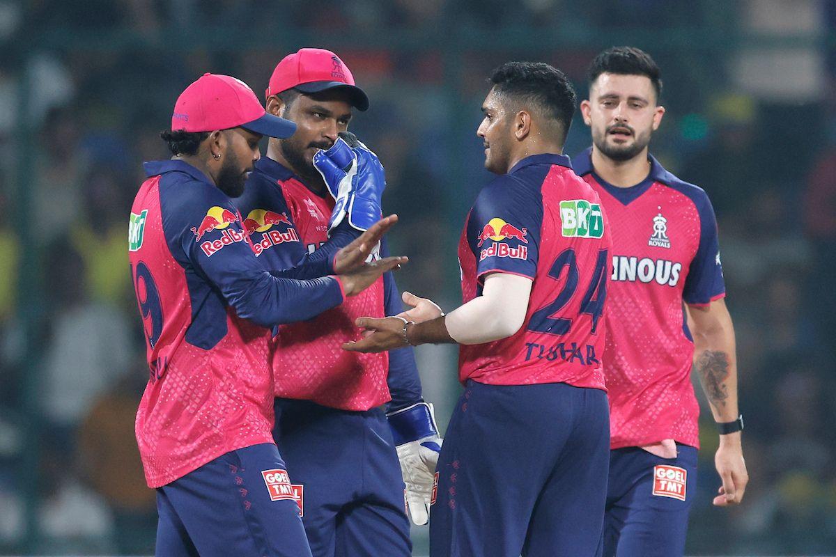 Tushar Deshpande of Rajasthan Royals celebrates the wicket of Ayush Mhatre