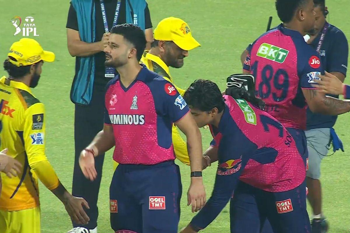 A screengrab of Vaibhav Suryavanshi touching Mahendra Singh Dhoni's feet after their IPL match  in New Delhi on Tuesday