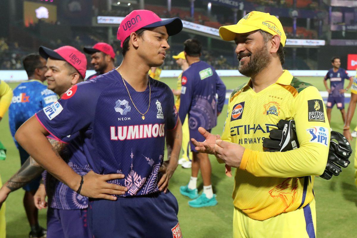 Yashasvi Jaiswal  and Mahendra Singh Dhoni chat after their IPL match in New Delhi on Tuesday