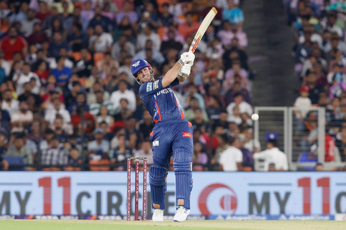 Lucknow Super Giants' Mitch Marsh hammers one of his 8 sixes against Gujarat Titans on Thursday 