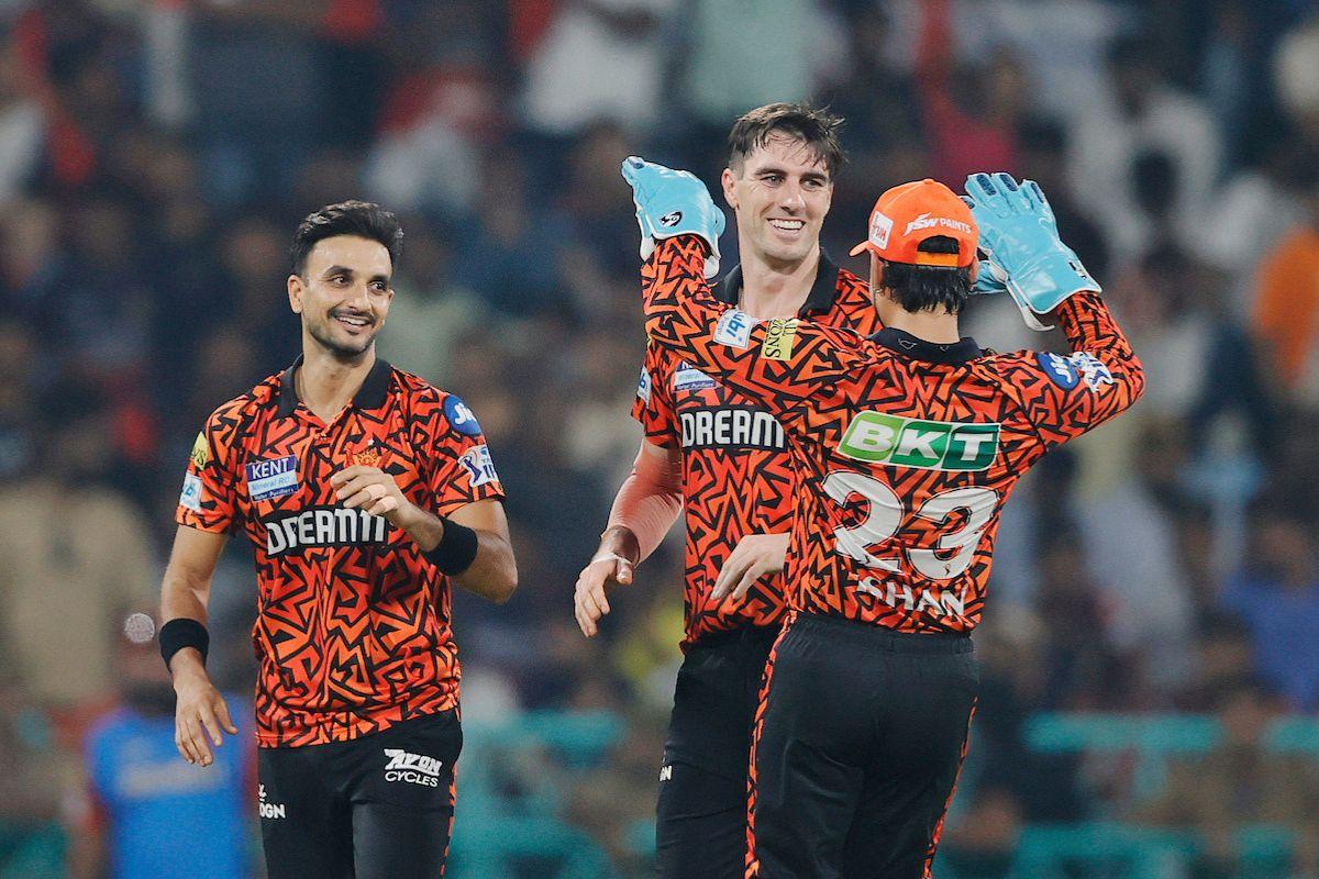 Pat Cummins celebrates the wicket of Phil Salt