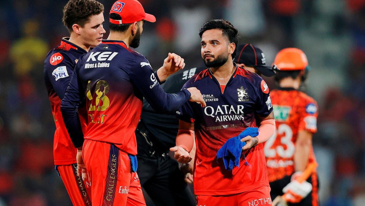 Suyash Sharma celebrates the wicket of Heinrich Klaasen
