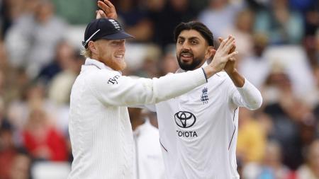 England off-spinner Shoaib Bashir celebrates with skipper Ben Stokes after dismissing Zimbabwe's Sean Williams leg before wicket on Day 3 of the one-off Test at Trent Bridge, Nottingham, on Saturday.