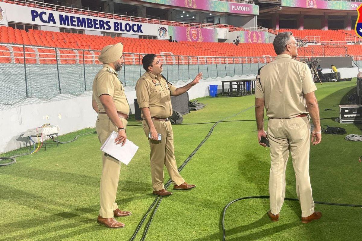 Members of Punjab Police review security arrangements at the at the Maharaja Yadavindra Singh International Cricket Stadium in Mullanpur on Wednesday. 