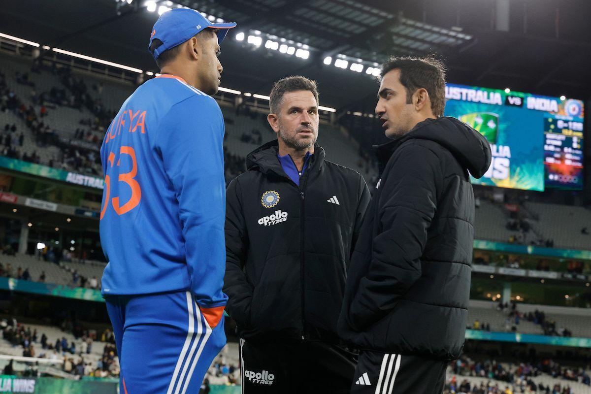 Captain Suryakumar Yadav with Head Coach Gautam Gambhir and Assistant Coach Ryan ten Doeschate after the 2nd T20I at Melbourne Cricket Ground on Friday.