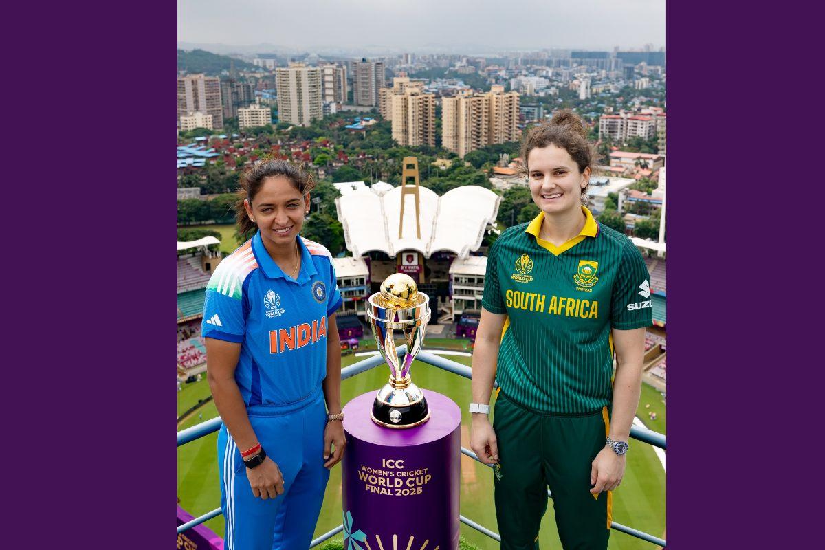 Harmanpreet Kaur and Laura Wolvaardt with the ICC Women's World Cup trophy ahead of their final in Navi Mumbai 