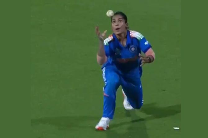 Amanjot Kaur takes a match-defining catch of in-form South Africa skipper Laura Wolvaardt in the World Cup final on Sunday