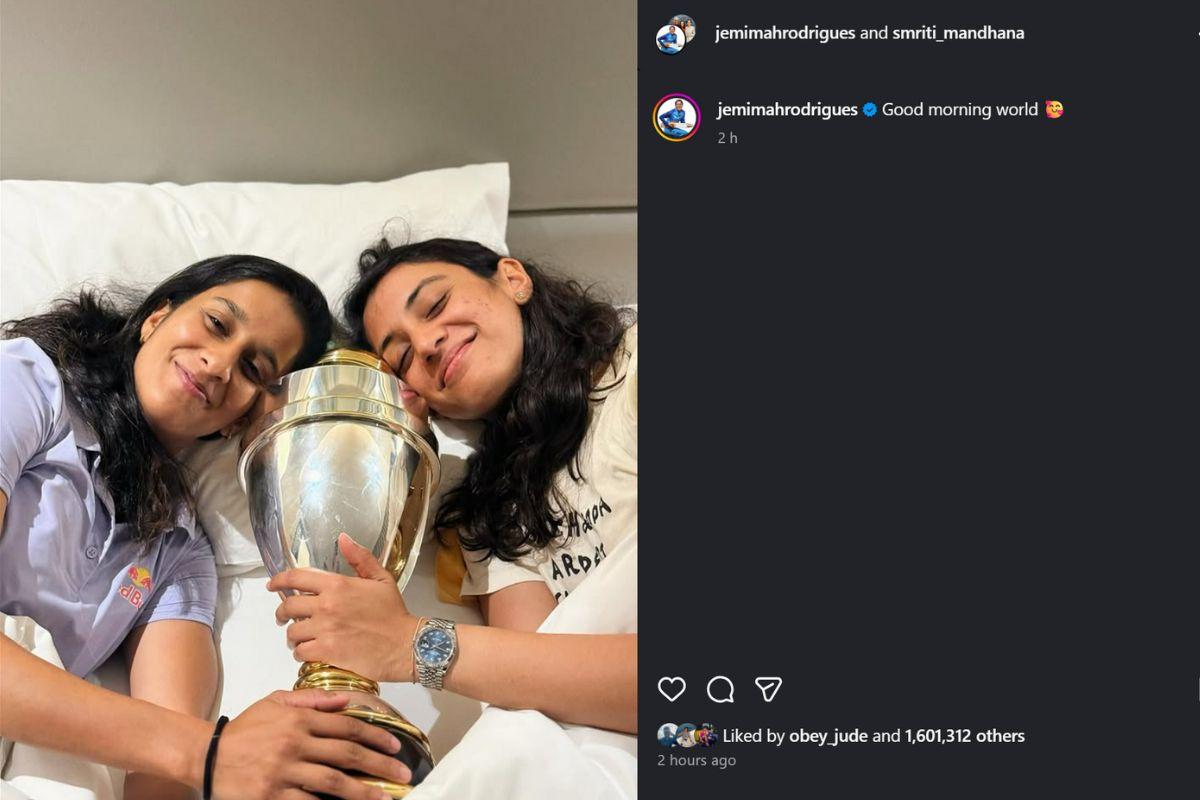 Jemimah Rodrigues and Smriti Mandhana sleep with the trophy