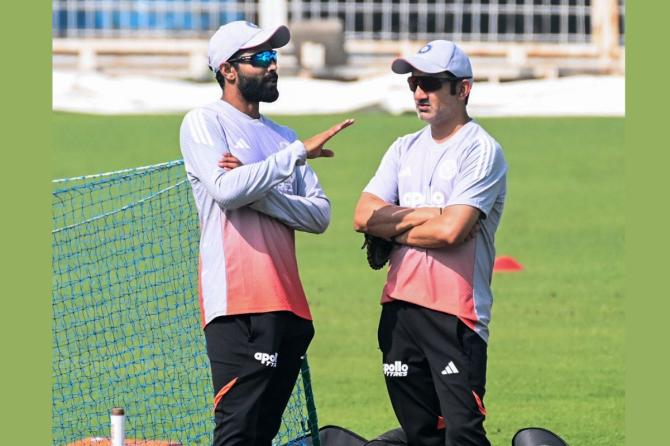 Ravindra Jadeja and Gautam Gambhir in a deep conversation during a training session in Kolkata on Tuesday