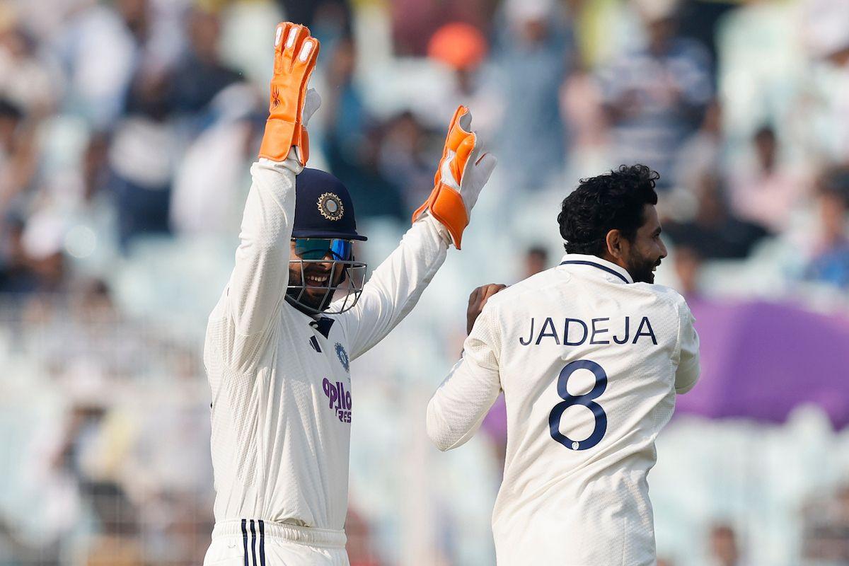 Rishabh Pant and Ravindra Jadeja of India celebrate the wicket of Aiden Markram
