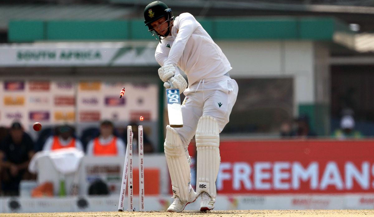 Corbin Bosch is bowled by Jasprit Bumrah.