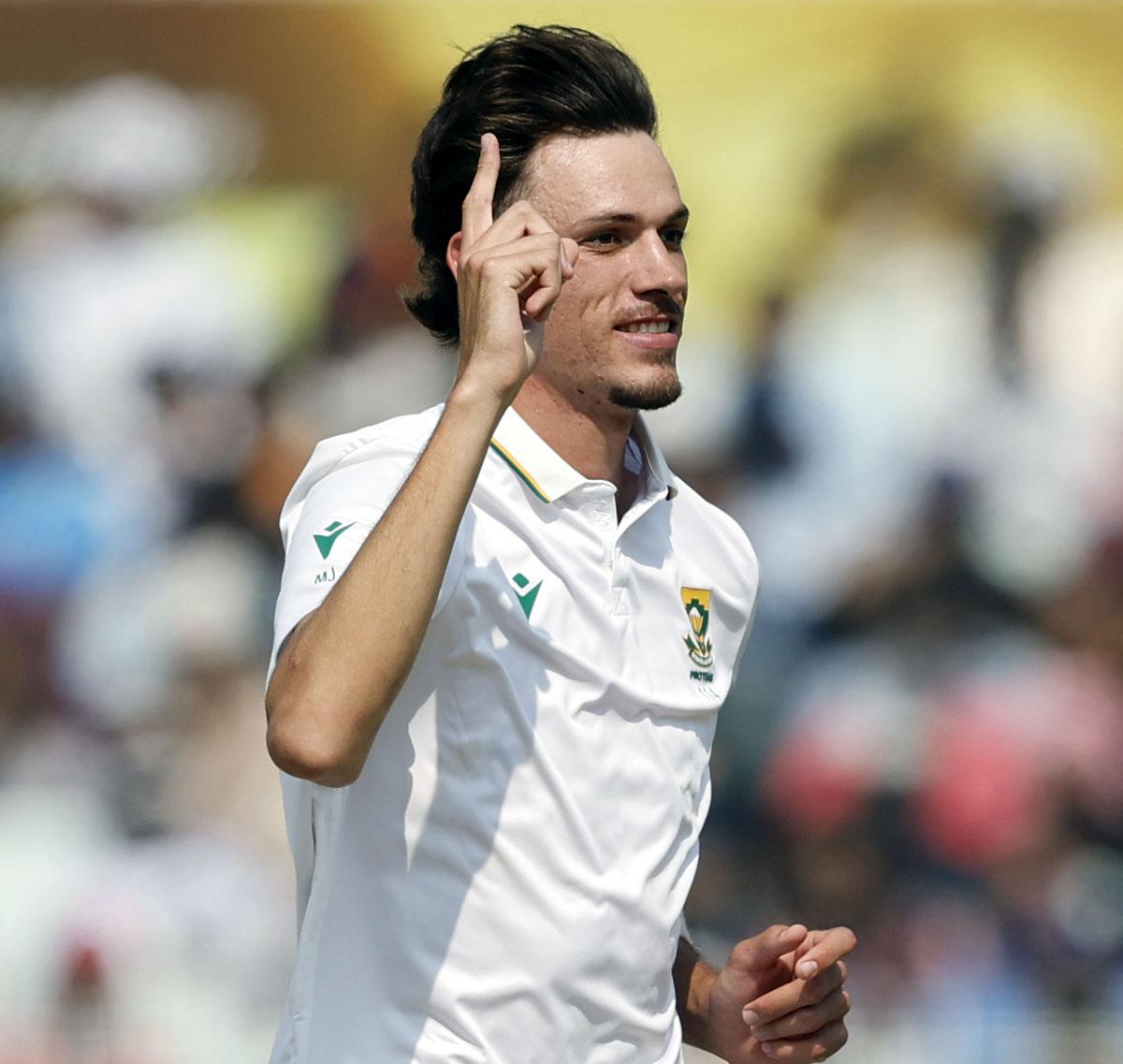 Marco Jansen celebrates the wicket of K L Rahul.