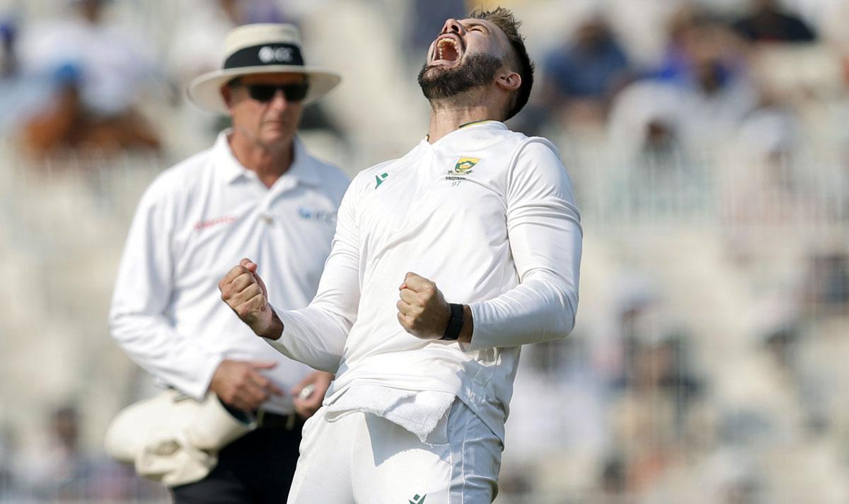 Aiden Markram celebrates dismissing Washington Sundar