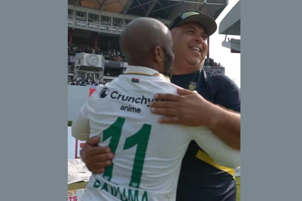 South Africa coach Shukri Conrad and captain Temba Bavuma celebrate their first Test win in Kolkata on Sunday