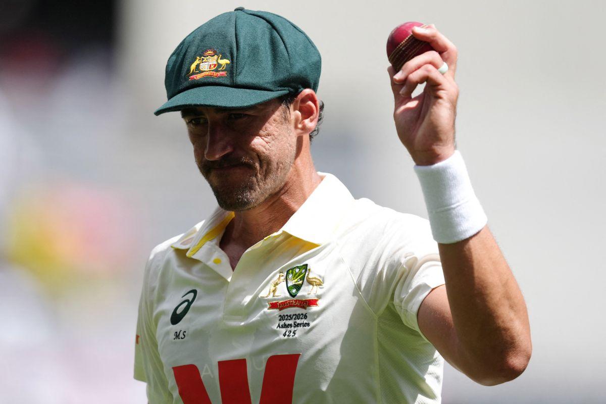 Australia's Mitchell Starc acknowledges the crowd after his seven wicket haul following the wicket of England's Mark Wood to end the innings
