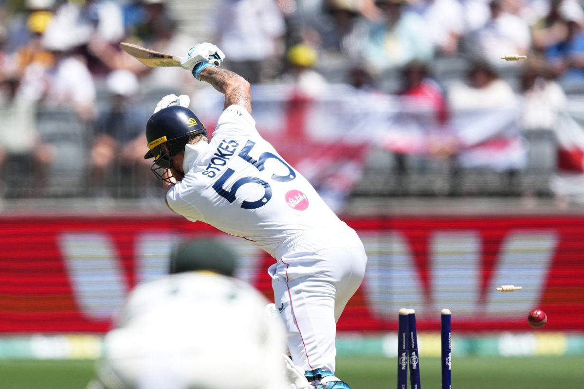 England's Ben Stokes gets bowled out by Australia's Mitchell Starc.