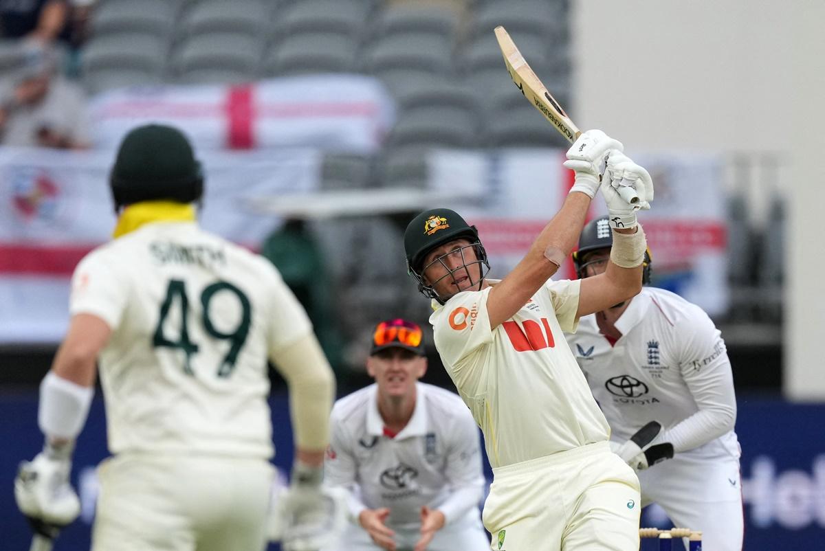 Marnus Labuschagne hits a six on his way to 51 off 49 balls.