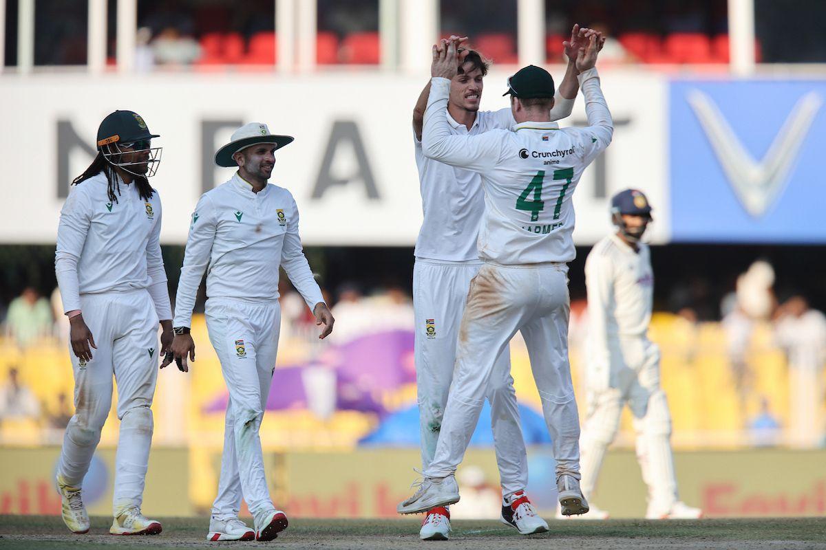 Marco Jansen of South Africa celebrates a wicket of Kuldeep Yadav 