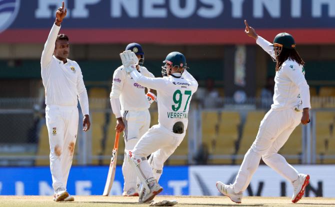 Senuran Muthusamy celebrates the wicket of Sai Sudharsan.