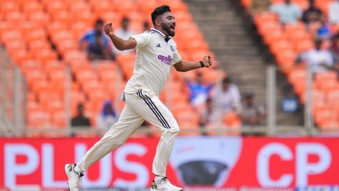 Mohammed Siraj celebrates dismissing Tagenarine Chanderpaul for a duck on Day 1 of the first Test against the West Indies, in Ahmedabad, on Thursday.