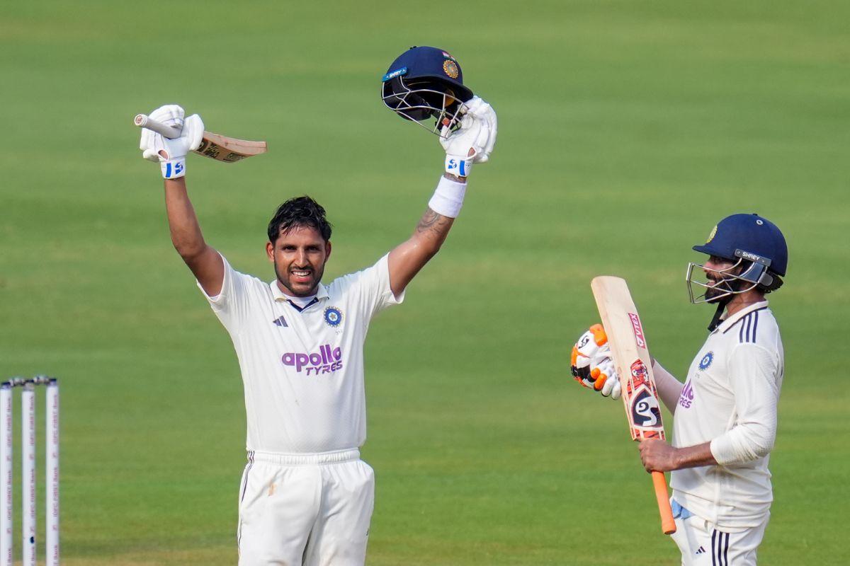 Dhruv Jurel celebrates his maiden Test ton on Day 2 of the 1st Test against West Indies in Ahmedabad on Friday 