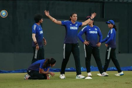 India's Smriti Mandhana and teammates at a fielding drill in Colombo on Friday, ahead of their Women's World Cup match against Pakistan on Sunday